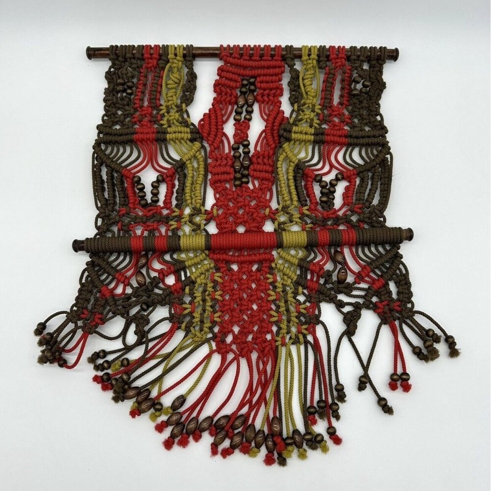 Macrame Wall Hanging Boho Wood Rod Green Red Brown Beads Striped Rope Art Nylon - Picture 2 of 7